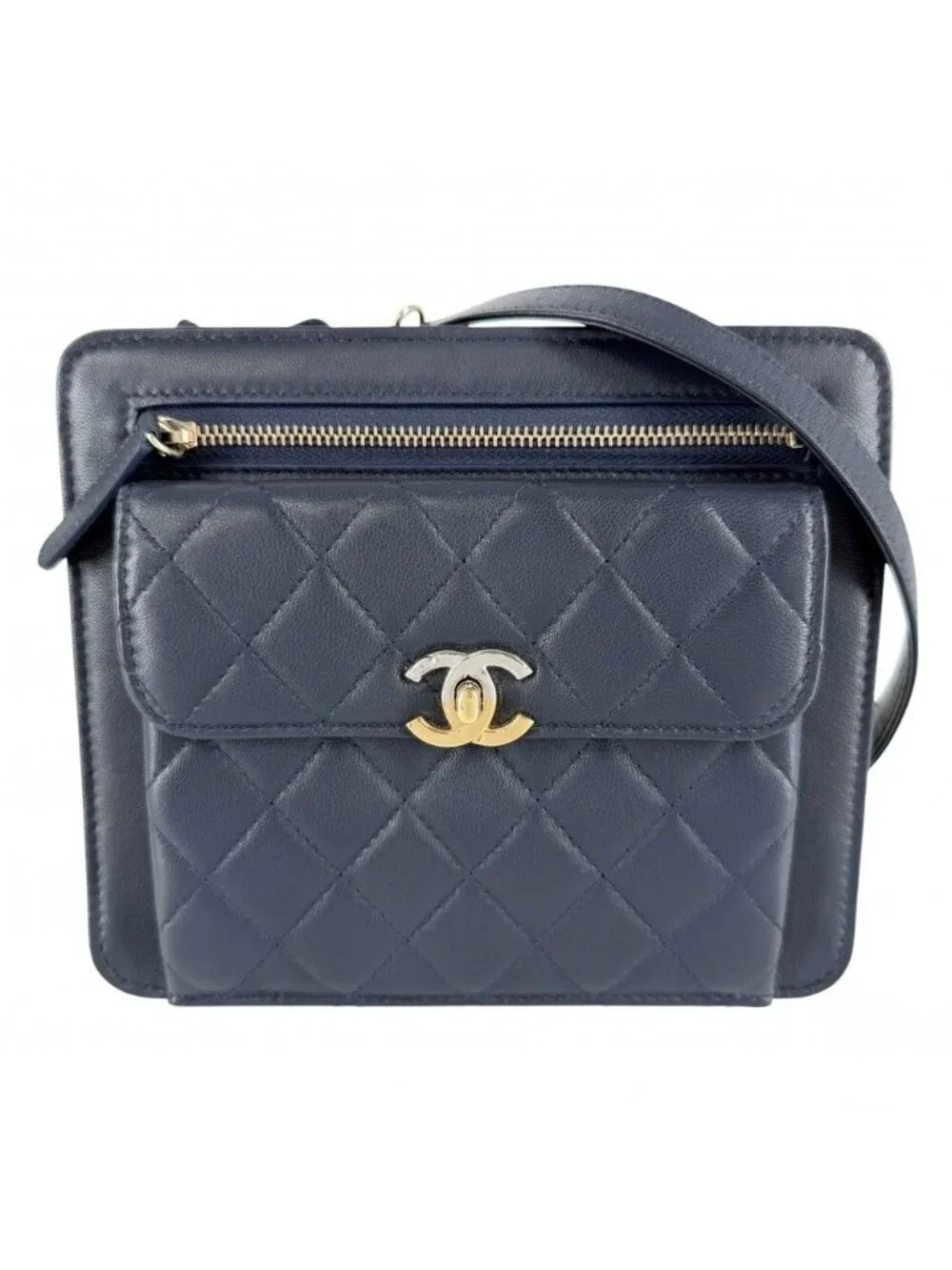 Chanel Shoulder Bag Quilted CC Logo Bag Crossbody Lambskin Navy Gold Silver